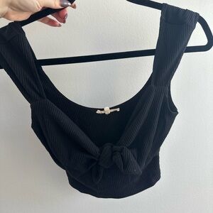 Chic Black Ribbed Crop Top with Tie